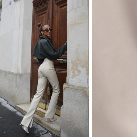 Bloggers Fave! NWOT Zara Cream Faux Leather Slim Flare Trousers With Slits - Picture 6 of 10